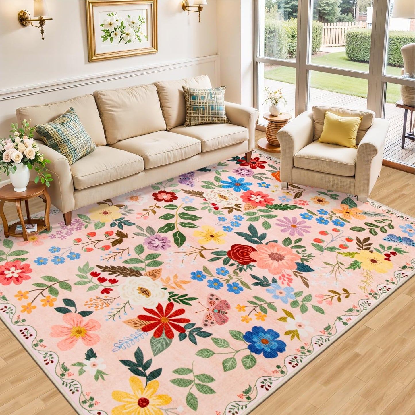 8x10 Area Rugs for Living Room: Floral Washable Rug Vintage Large Soft Boho Non-Slip Carpet Indoor Floor Stain Resistant Carpets for Bedroom Dining Room Farmhouse Nursery Home Office Beige