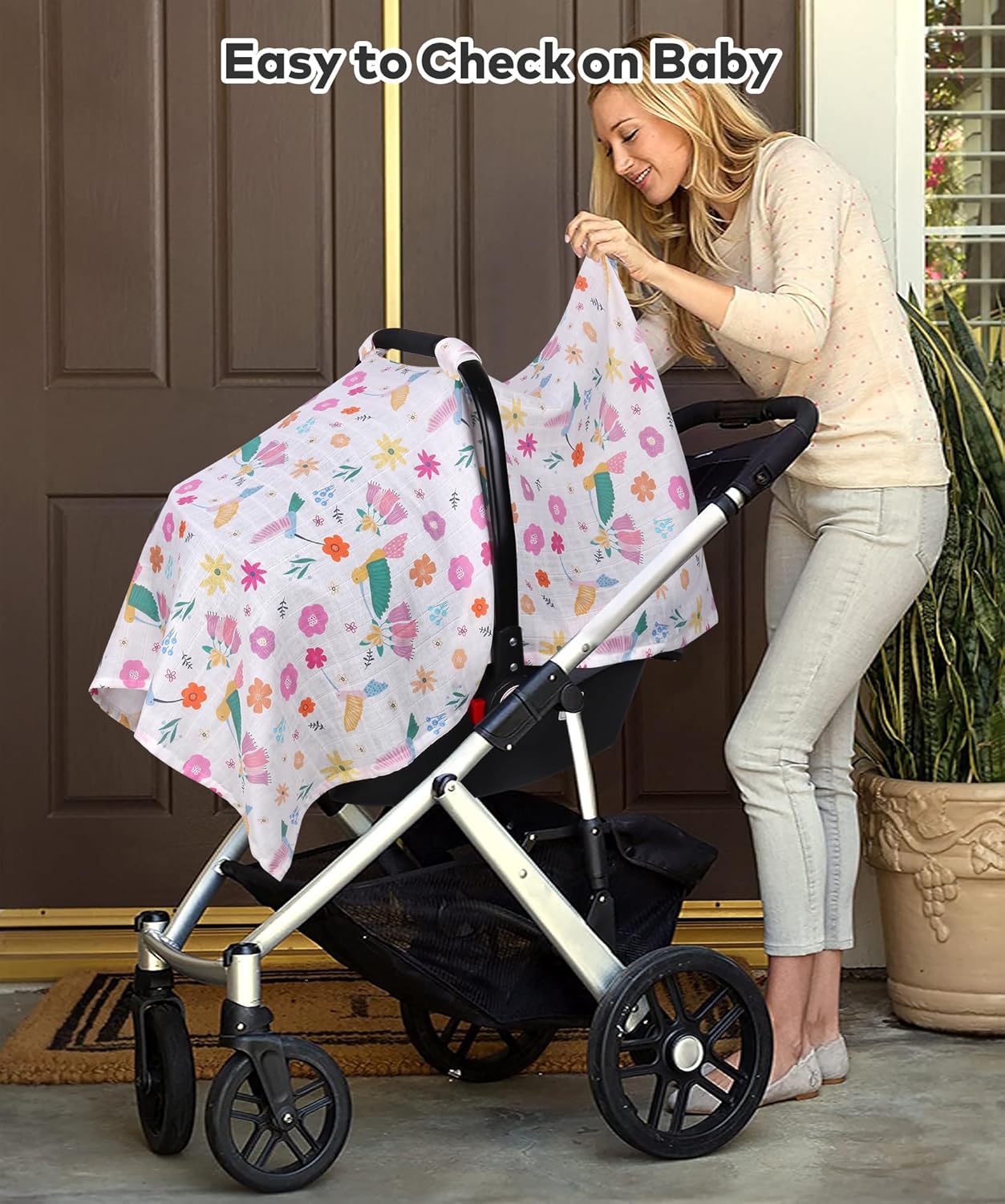 Rquite Muslin Car Seat Cover Baby, Carseat Covers Baby Girl Boy, Breathable Lightweight Infant Car Seat Cover, Baby Carrier Cover Car Seat Canopy Stroller Sun Shade for Summer & Hot Day, Universal Fit