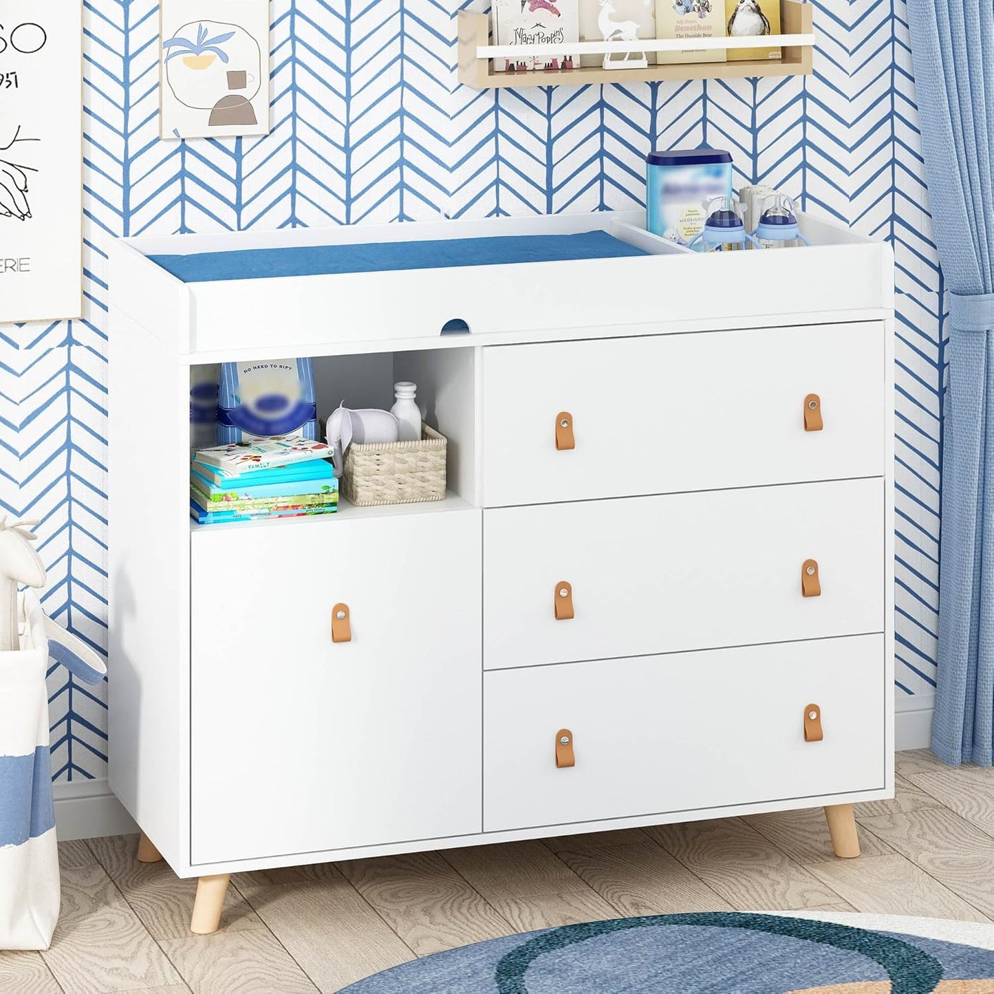 Baby Dresser Changing Table with Drawers,Shelf,Hidden Laundry Basket Storage,2 in 1 Nursery Dresser Chest for Infants, Baby Diaper Changing Station for Daycare,Bedroom,White
