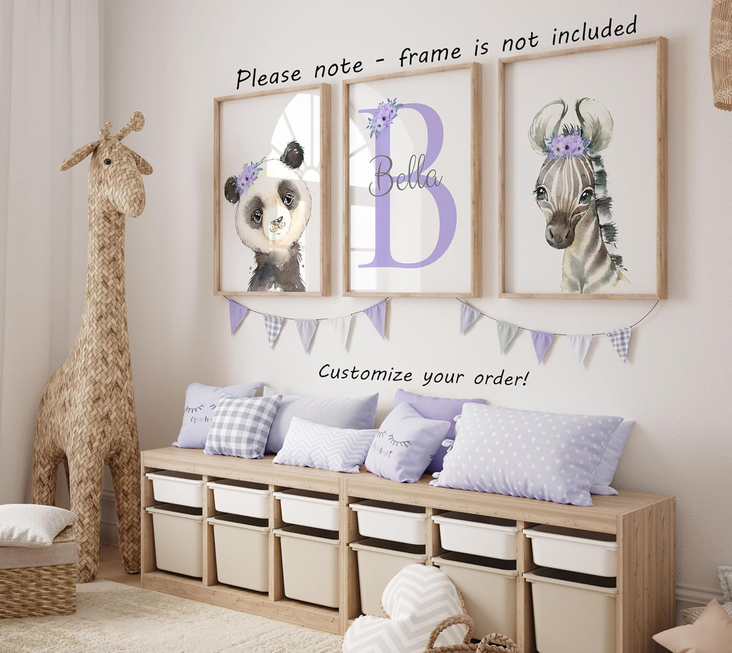 Personalized Safari Animals for Baby Girls Nursery, Set of 3 Unframed Poster Prints, Personalized Name Pink Lilac Floral, Girls Bedroom Decor, Elephant Giraffe (12x16)