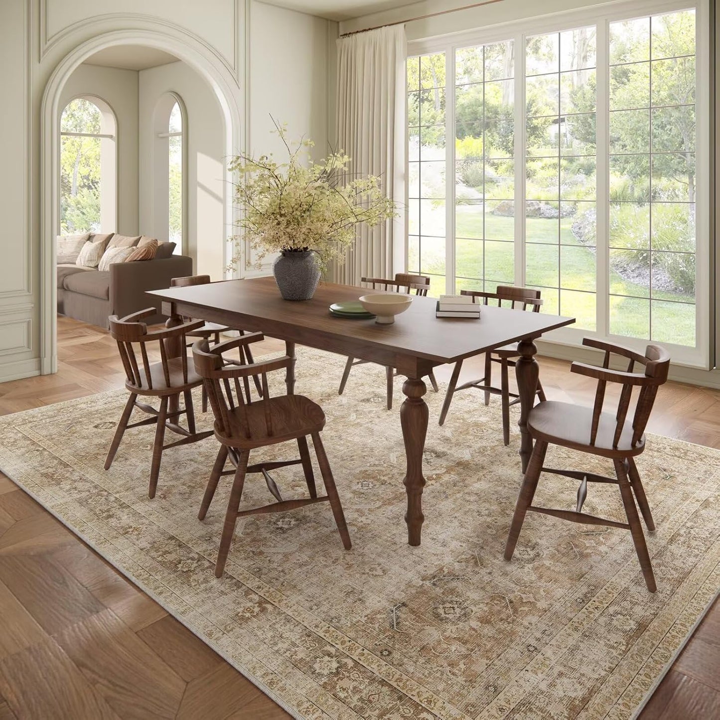 Washable 8x10 Area Rugs for Living Room, Boho Non-Slip Silicone Backing Rugs for Bedroom Dining Room Nursery Office, 0.3" Neutral Oriental Throw Carpet with 0.16" Cushioning Pad, Brown/Multi