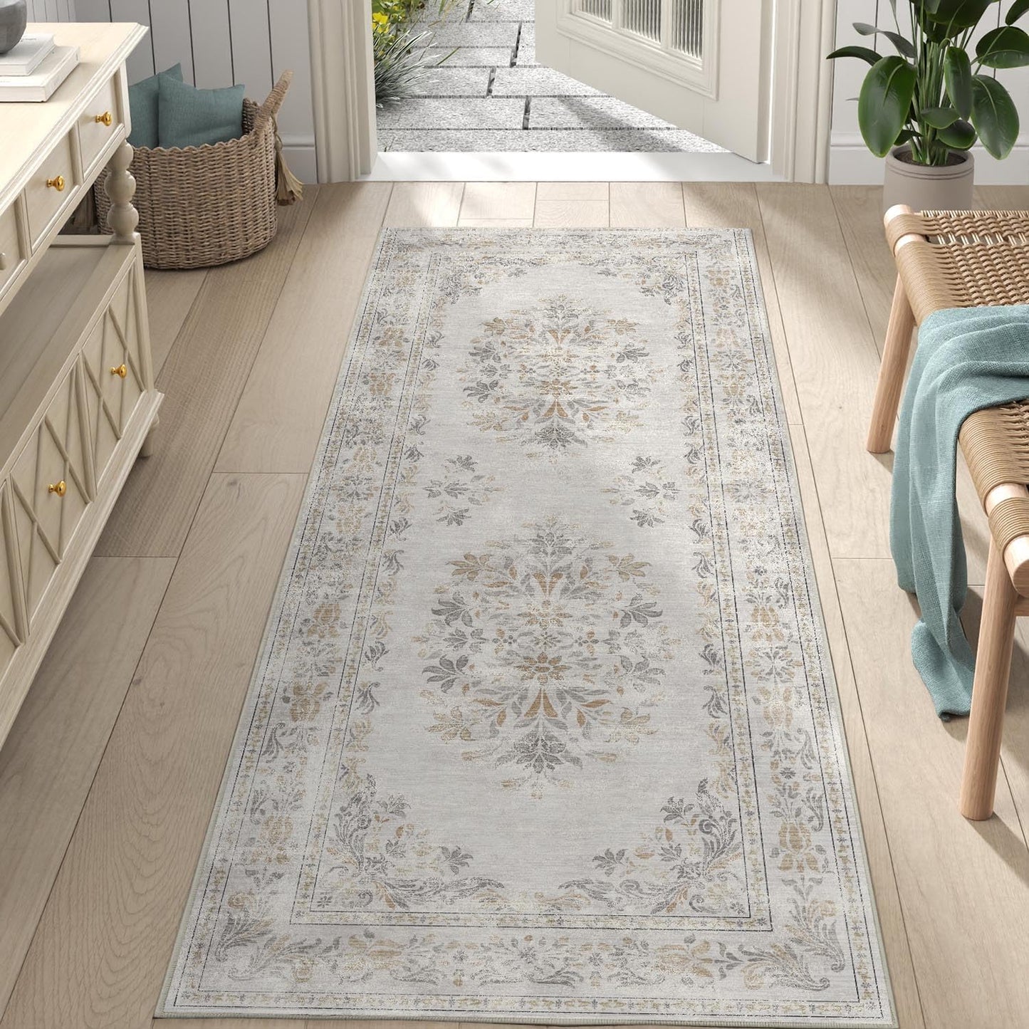 jinchan Vintage Floral Runner Rug 2x5 - Machine Washable Distressed Design Non-Slip Low-Pile Soft Thin Carpet for Hallway Kitchen Farmhouse Bedroom Entryway Laundry Room (2x5ft,Light Grey)