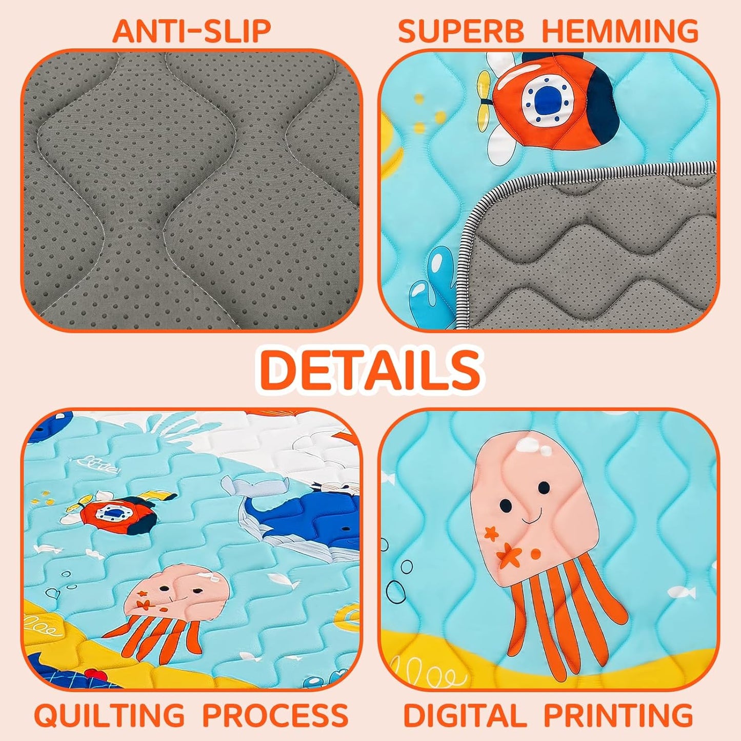 Baby Play Mat - Thicken 50x50 Inch Soft Foam Crawling Mat for Playpen & Floor, Non-Slip Waterproof Playmats for Infants & Toddlers, Portable Foldable & Machine Washable, Ocean World