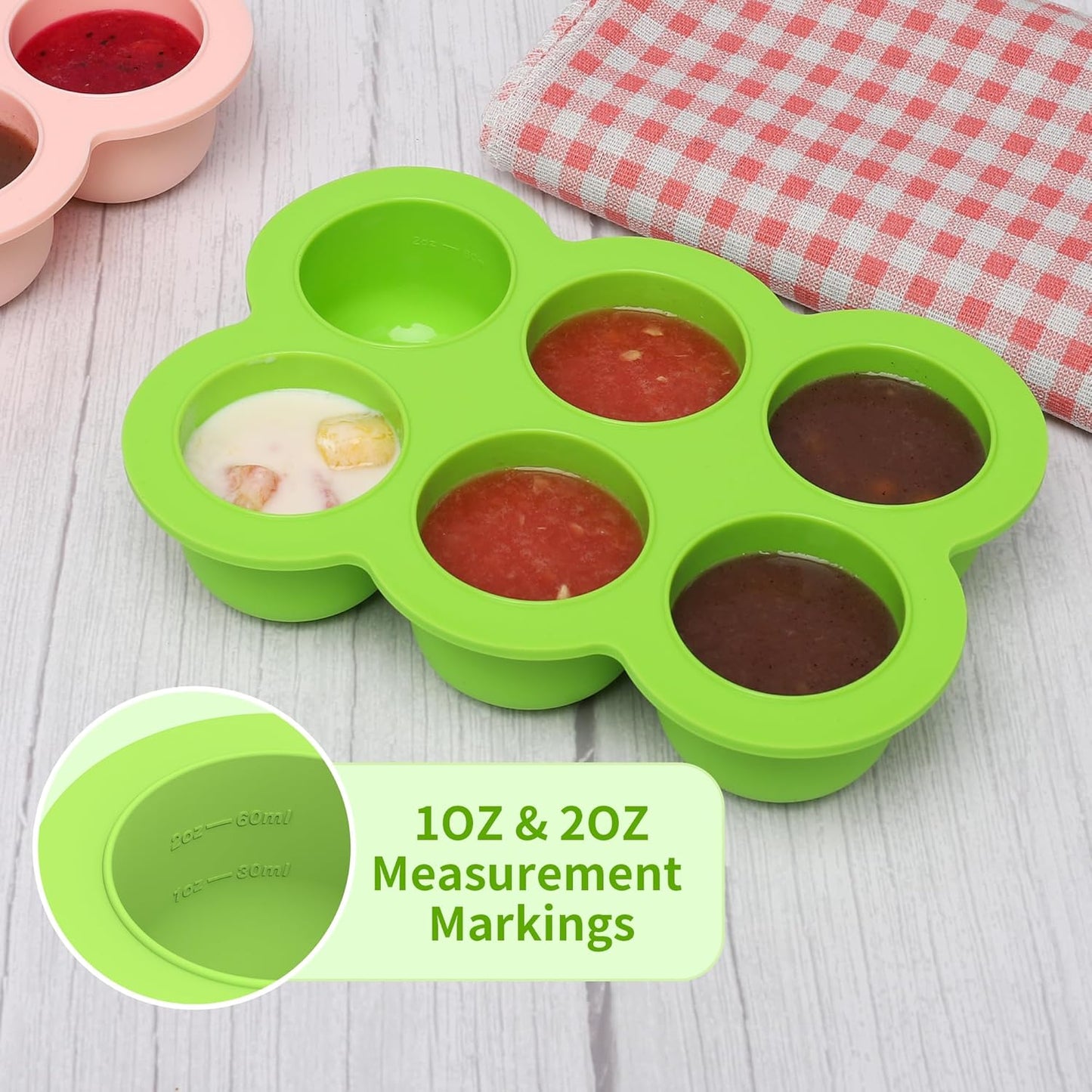 Baby Silicone Freezer Tray with Clip on Lid, 6 x 3 OZ Baby Silicone Freezer Molds, Silicone Storage Container for Homemade Baby Food, Fruit Purees & Vegetables (Bright Green)