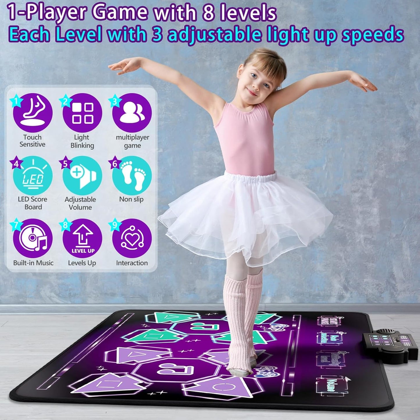 Kids Dance Mat Toys - 2-Player Dance Pad Gifts for Girls Boys Toddlers 3 4 5 6 7 8 9 + Year Old Electronic Dancing Mat Floor Games Toy with Music Light Christmas Birthday Gift (Purple)