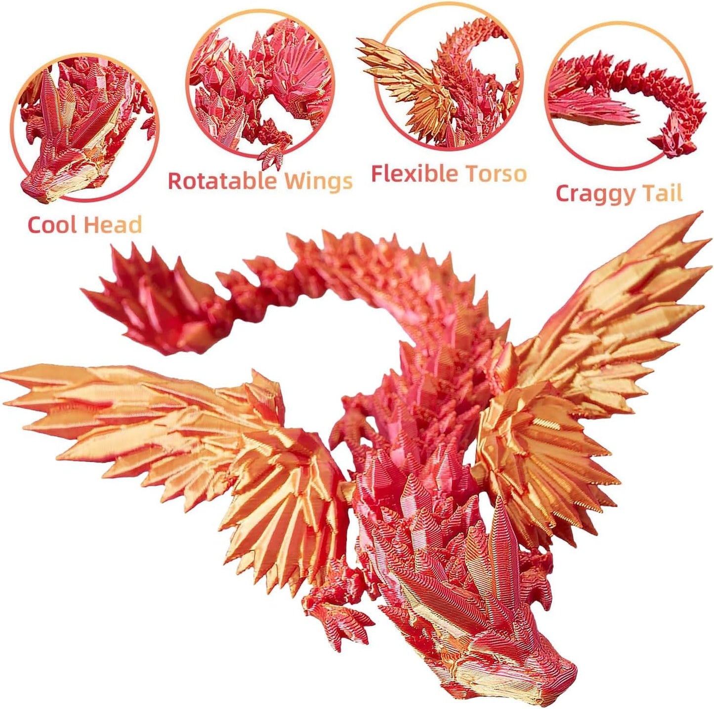 3D Printed Dragon with Wings, 3D Printed Dragon Eggs with Dragon Inside, Dragon Fidget Toy, Articulated Crystal Dragon in Egg, Home Office Decor(Red)