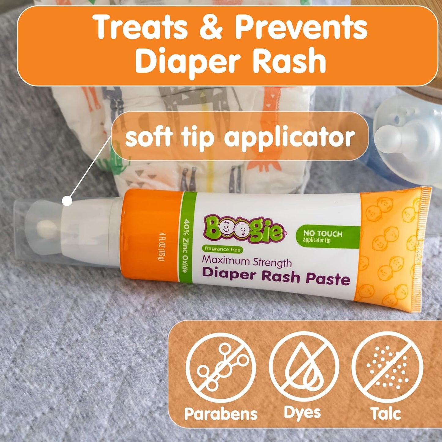 Boogie Diaper Rash Paste, Maximum Strength 40% Zinc Oxide, Mess-Free Applicator, Soothes Baby Bum, Diaper Bag Essential, 4oz
