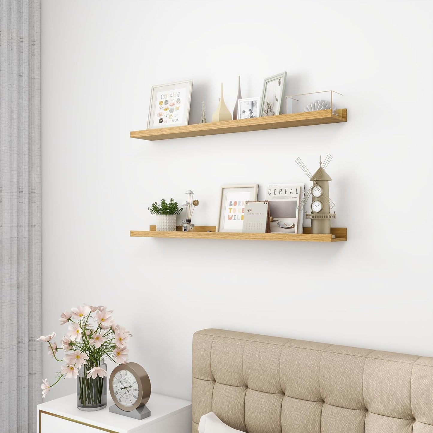 Picture Ledge Shelf, Wood Floating Shelves Set of 2, 36 inch Picture Ledge Shelves, Photo Ledge Nursery Book Shelves Wall Mounted for Living Room Kids' Room Bedroom, Color Oak