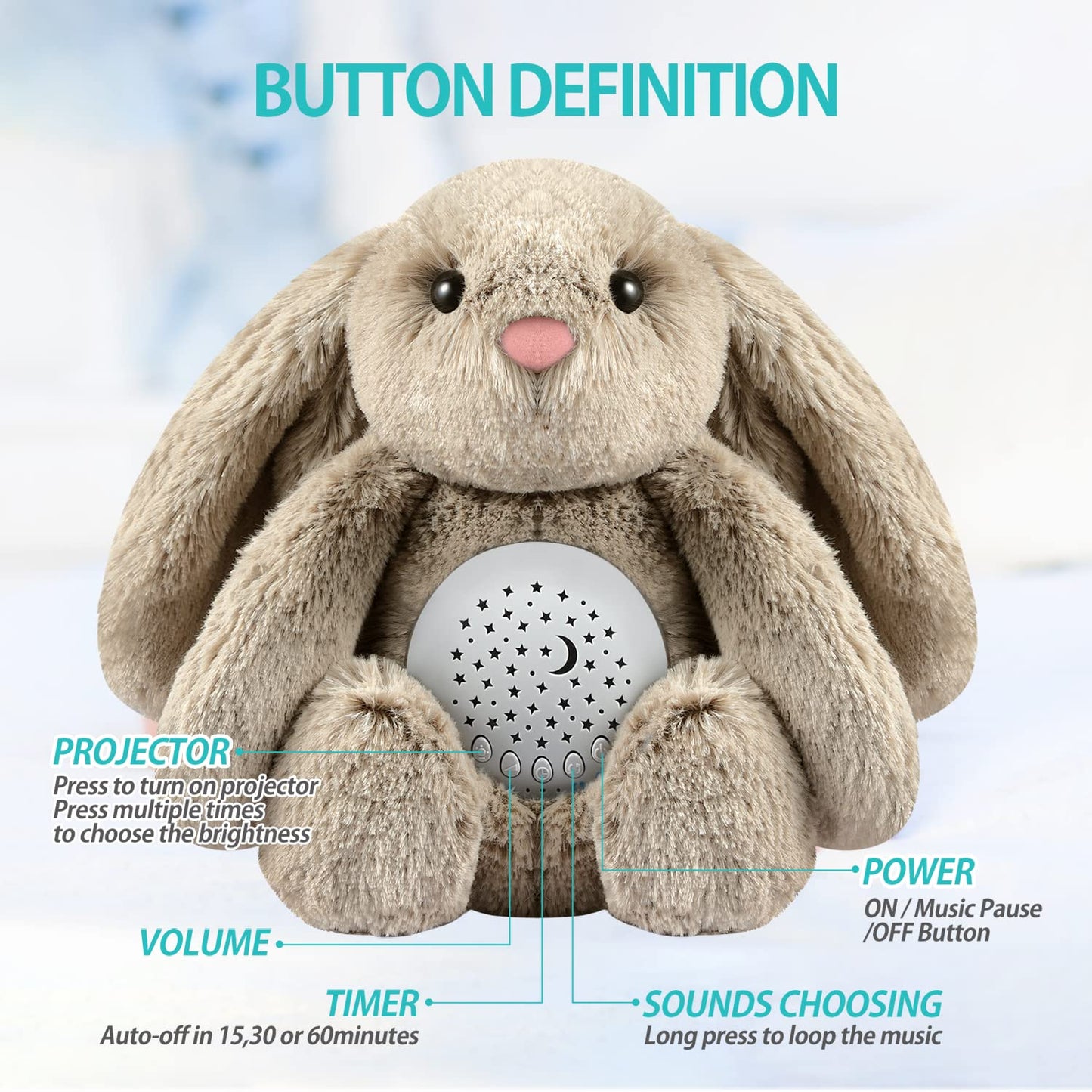 BEREST Baby Sleep Soother Bedtime Bunny with Starry Projector Night Light, Plush Stuffed Animal for Newborn Infants, Lullaby Music, White Noise, Mother's Heartbeat for Boys & Girls Shower Gifts