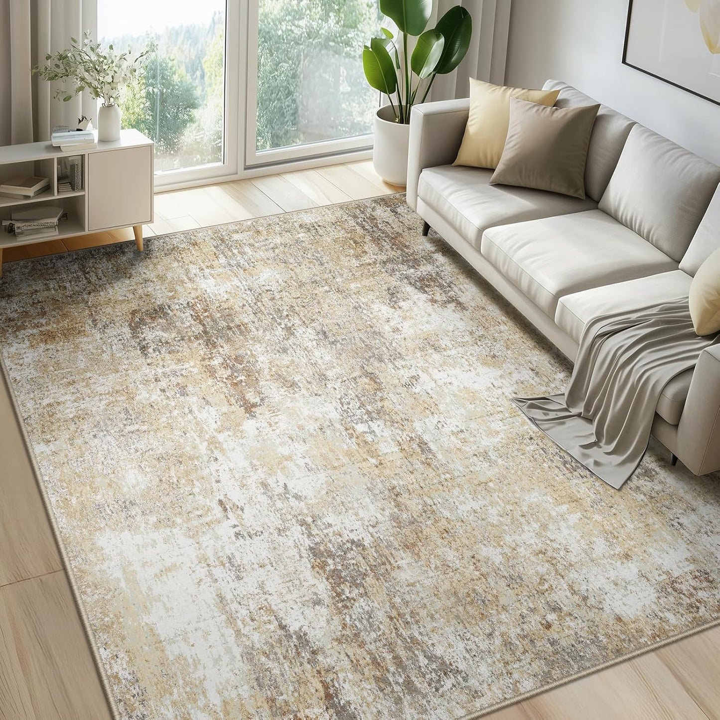 Washable Area Rugs 8'x10' Non-Slip Modern Abstract Soft for Living Room Entryway Bedroom Nursery, Print Pattern, Neutral Brown Gray