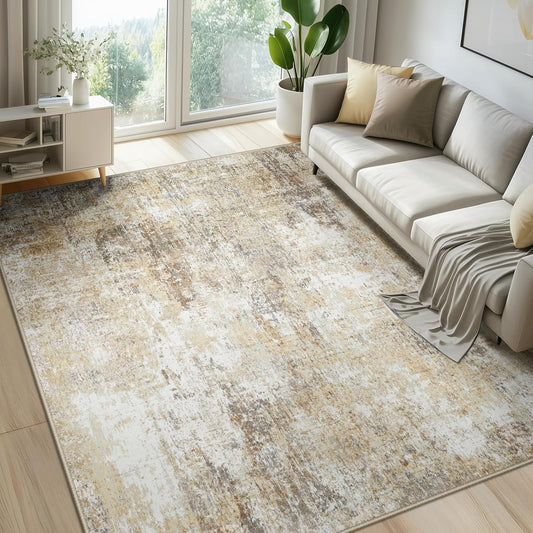 Washable Area Rugs 6'x9' Non-Slip Modern Abstract Soft for Living Room Entryway Bedroom Nursery, Print Pattern, Neutral Brown Gray