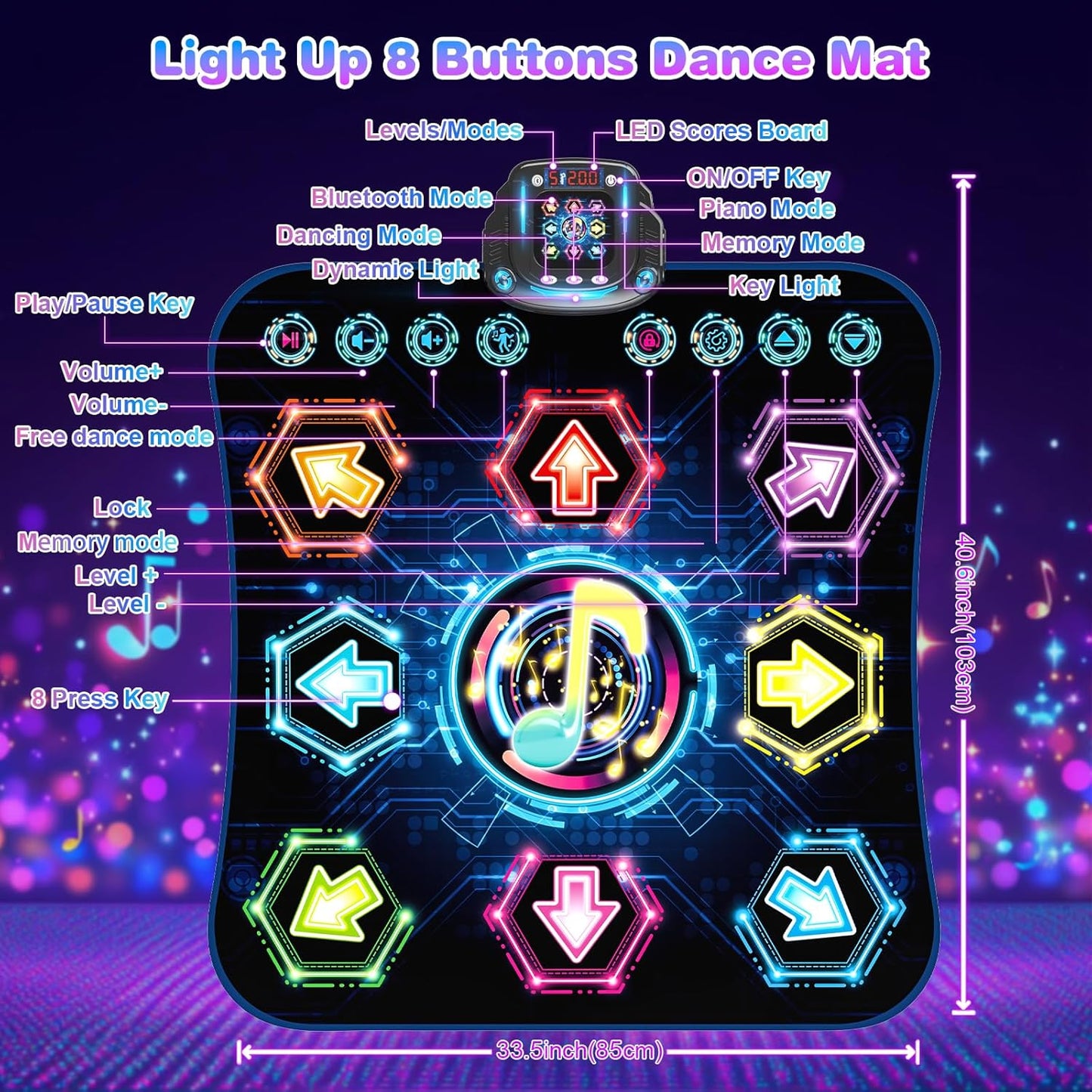 Dance Mat, 2025 Light Up 8-Button Dance Pad with Wireless Bluetooth, Upgraded Flowing Light Control System with Stands, Kids Toys Music Games Birthday for 3-12 Year Old Boys Girls