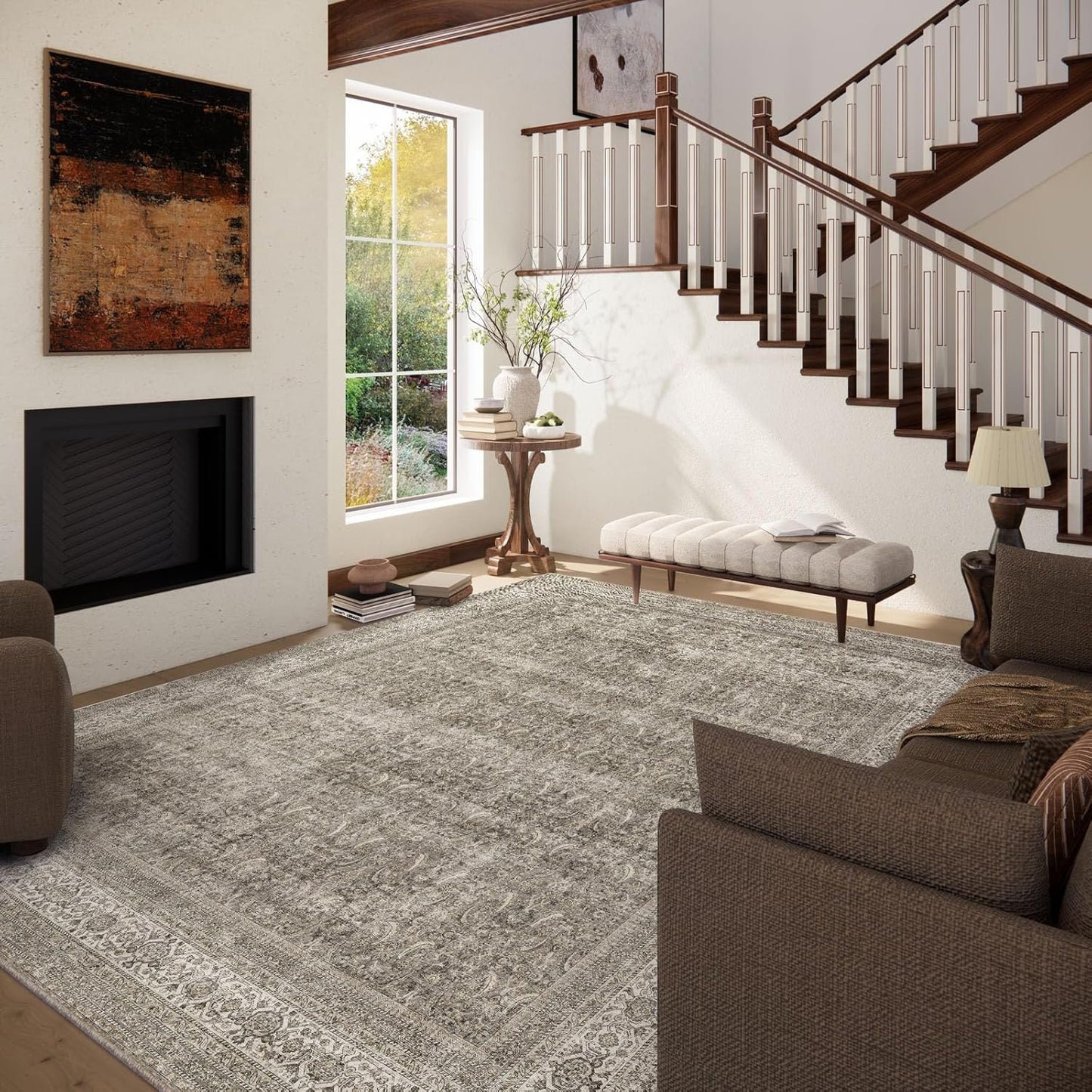 Washable Area Rugs for Living Room: 6x9 Bedroom Rug Boho Vintage Area Rug Stain Resistant Non Slip Low Pile Lightweight Soft Carpets for Dining Room Kitchen Nursery Kids Room Farmhouse