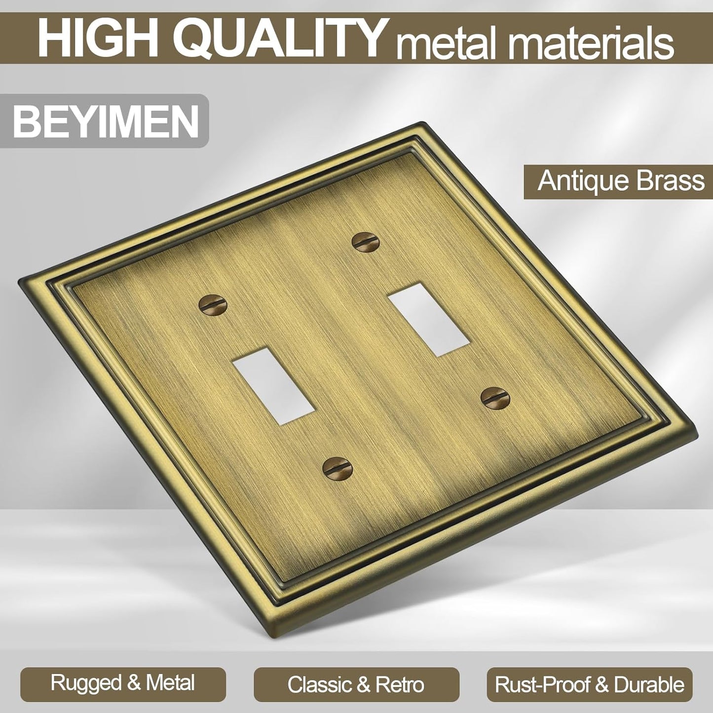 Double Toggle Light Switch Covers Plate, Metal Material 2 Gang Wall Plates for Double Light Switch, Antique Brass Decorative Switch Plate Cover - Classic Style, 3 Pack