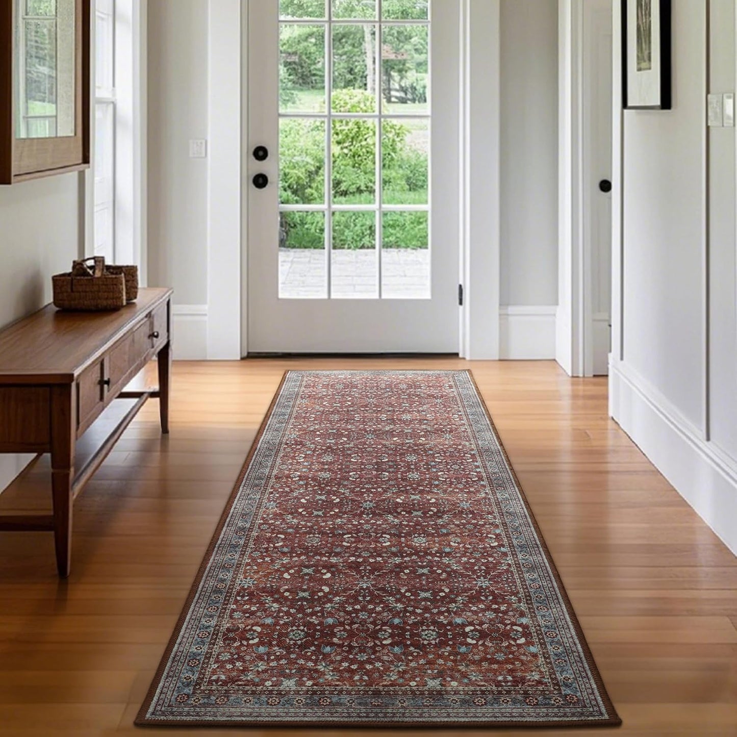 2x6 Washable Kitchen Runner Rug for Hallways, Non Slip Laundry Runners for Bathroom, Low Pile Rubber Backed Rugs for Entryway, Vintage Floral Carpet for Living Room Bedroom Brick Red