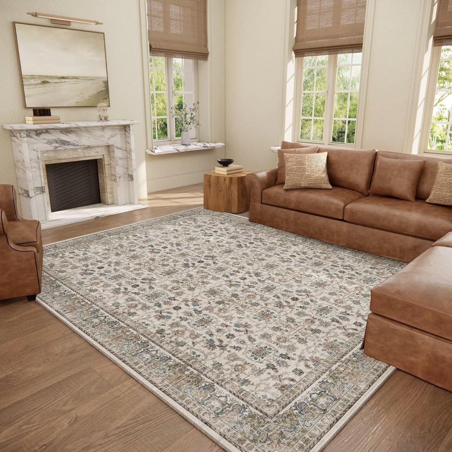 Washable 8x10 Area Rugs for Living Room, Boho Non-Slip Silicone Backing Rugs for Bedroom Dining Room Nursery Office, 0.3" Neutral Oriental Throw Carpet with 0.16" Cushioning Pad, Cream/Multi