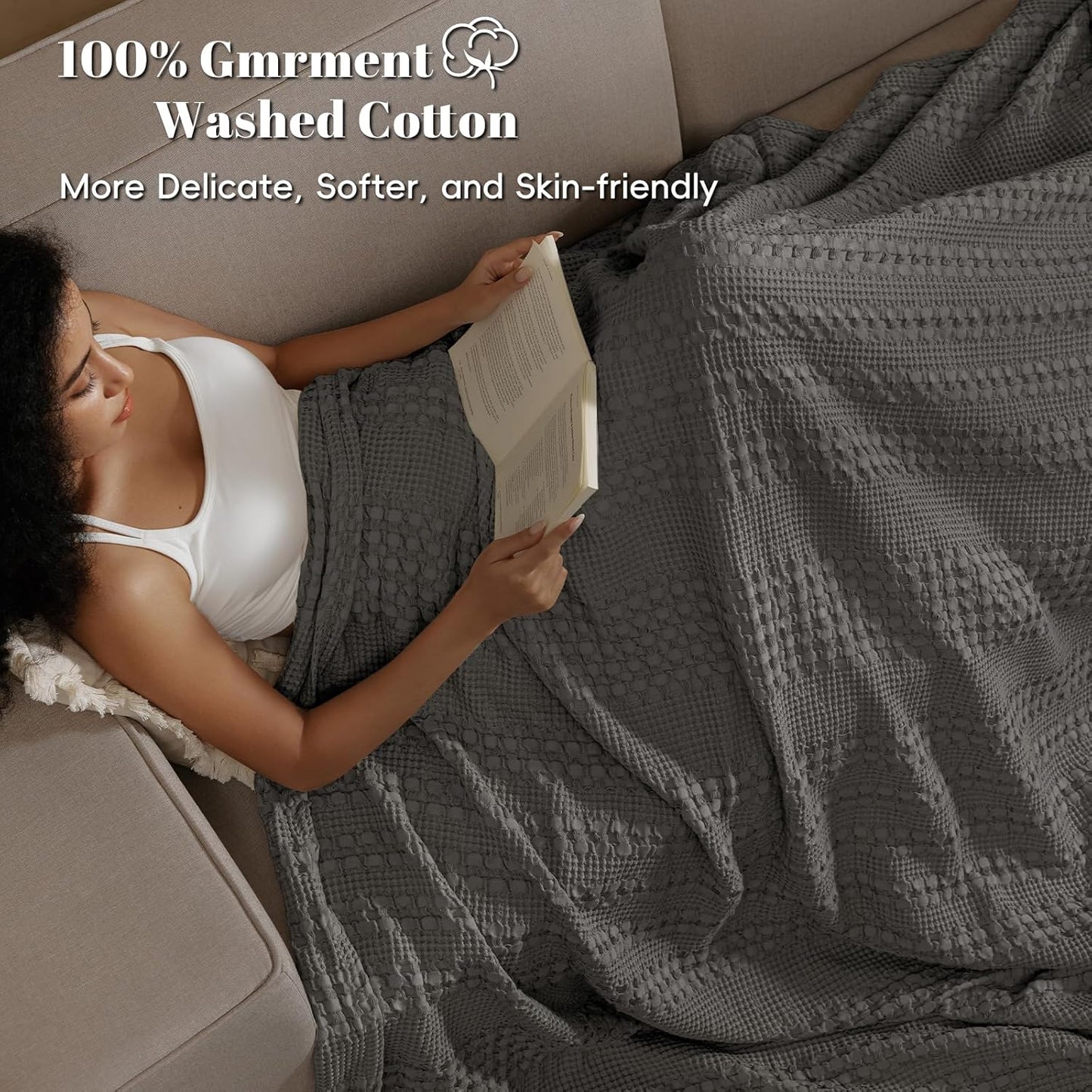 PHF 100% Cotton Waffle Weave Blanket Twin Size, Soft Lightweight Breathable Cozy Summer Blankets for Bed, Luxury Aesthetic Woven Bedding for Home Decor, 66"x90", Charcoal Grey