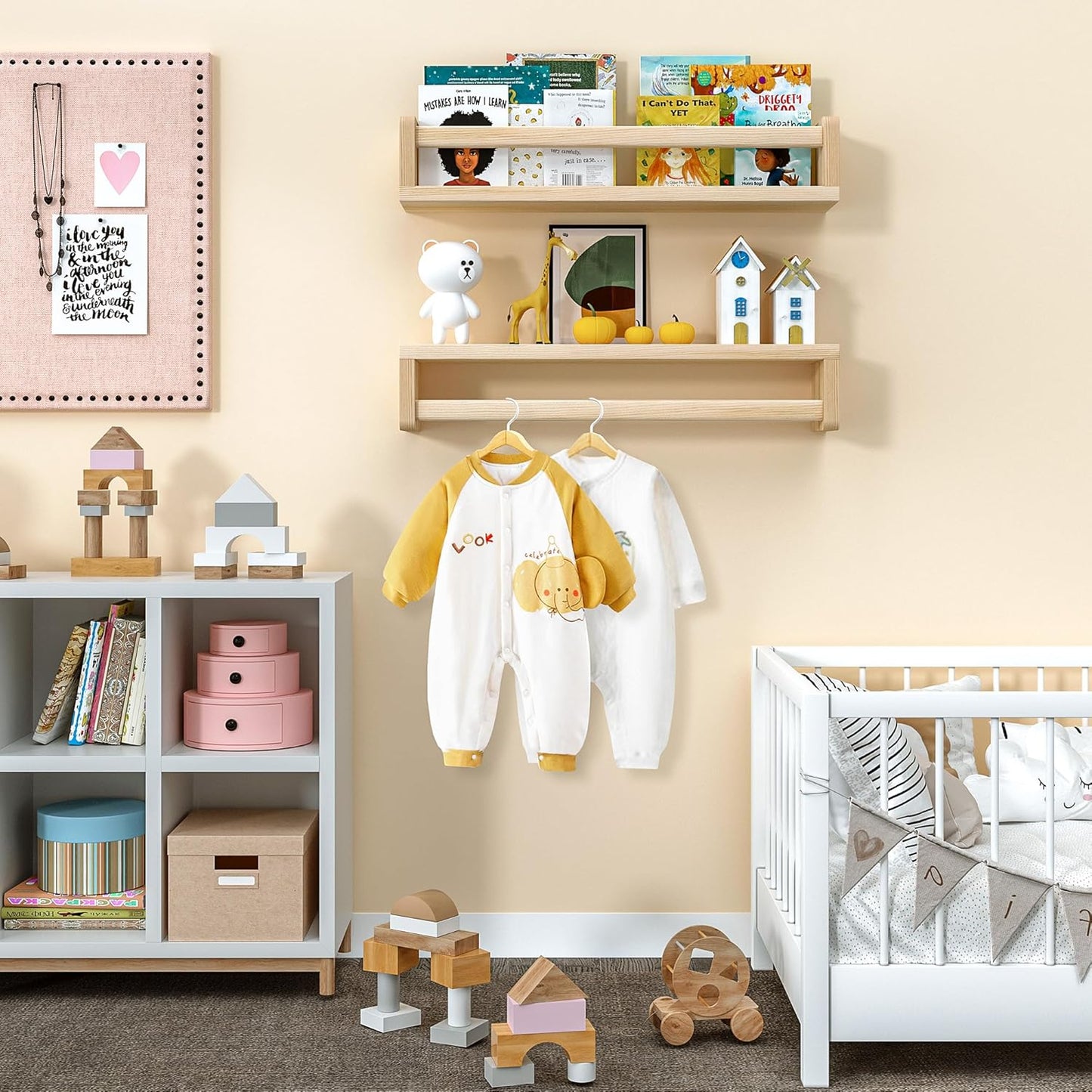 Heimlove Nursery Floating Shelves, Wood Nursery Book Shelves for Wall, 16 inch Wall Bookshelf for Kids Solid Wood Wall Mounted Shelves for Books,Toys and Decor Storage, Set of 2