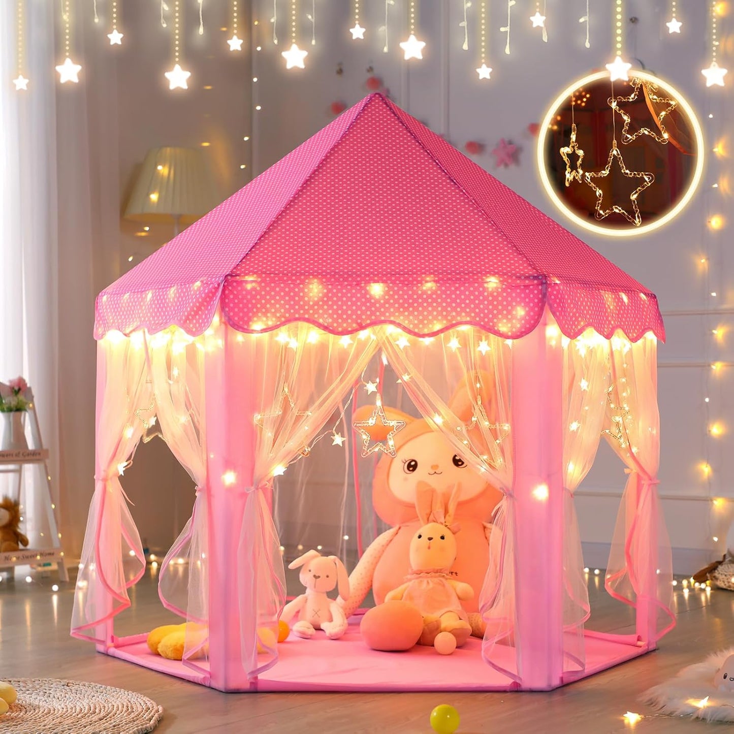 Monobeach Princess Castle Play Tent for Girls - Large 55'' x 53'' Playhouse with Star Lights for Indoor and Outdoor Play