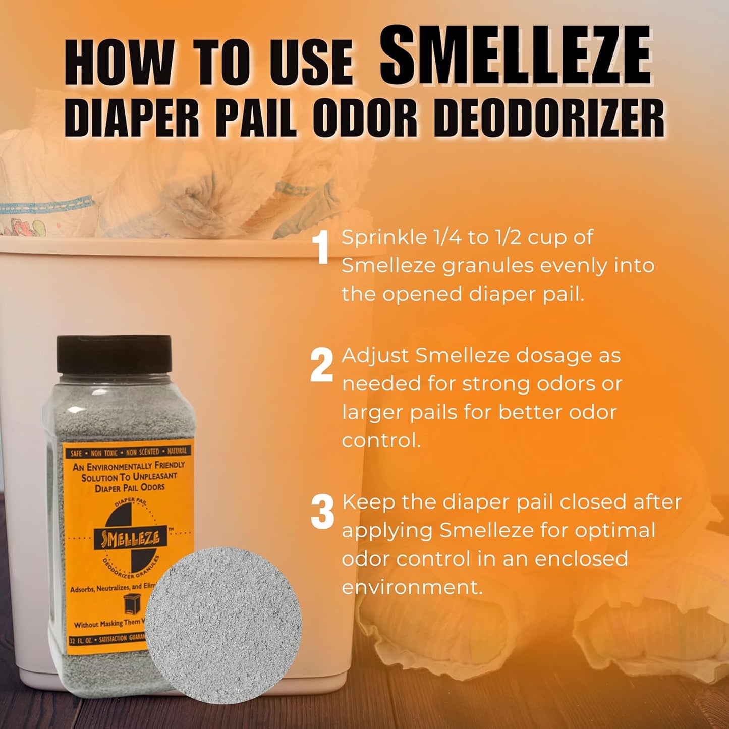 SMELLEZE Diaper Pail Deodorizer, Odor Eliminator for Diaper Pail, Baby Poop Deodorizer & Human Urine Odor Eliminator, Deodorizes Infant & Adult Diaper Pails - 2 lb. Granules