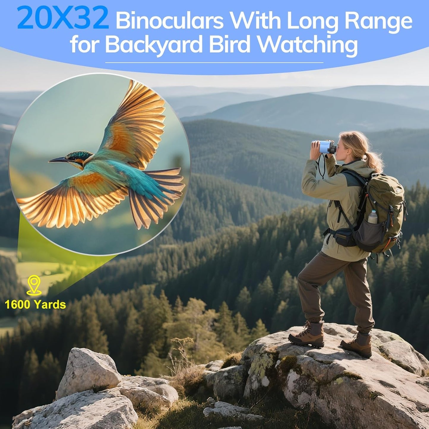 Compact Binoculars for Adults High Powered - OPAITA 20x32 Small Binoculars for Adults Kids with Low Light Vision for Hunting Cruise Ship Travel Concert Hiking Blue