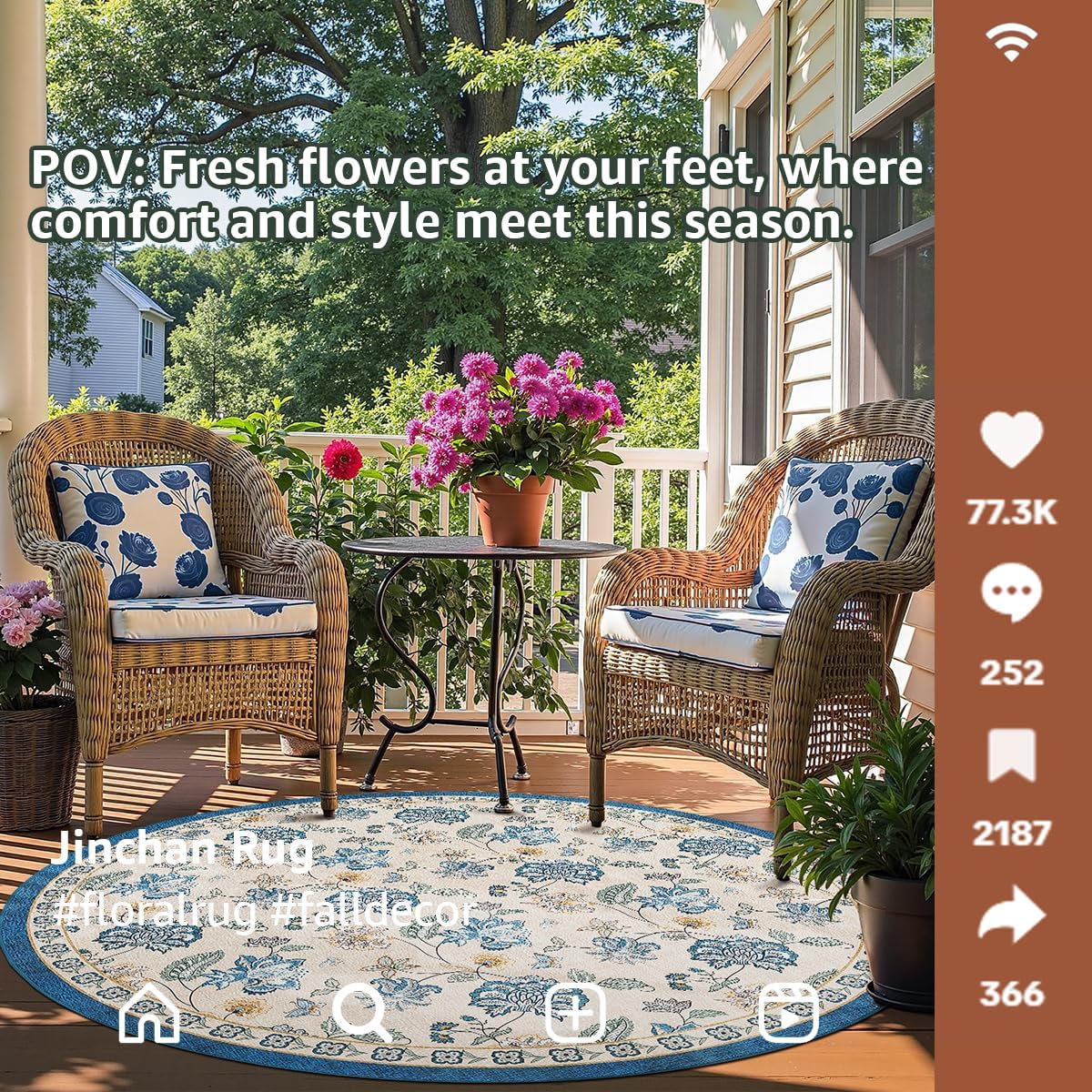 jinchan 4ft Floral Round Rug for Entryway Washable Kitchen Rug Vintage Romance Design Non Slip Indoor Doormat Lightweight Low-Profile Throw Carpet for Living Room Dining Room Bedroom, Blue/Beige