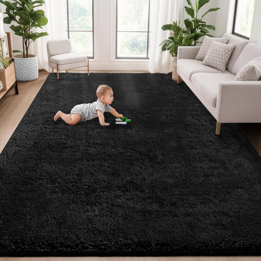 5x8 Area Rug for Living Room: Fluffy Shag Soft Washable Rugs Fuzzy Plush Indoor Carpet for Bedroom Nursery Playroom Dorm Kids Girls Boys Room (Black, 5'x8')