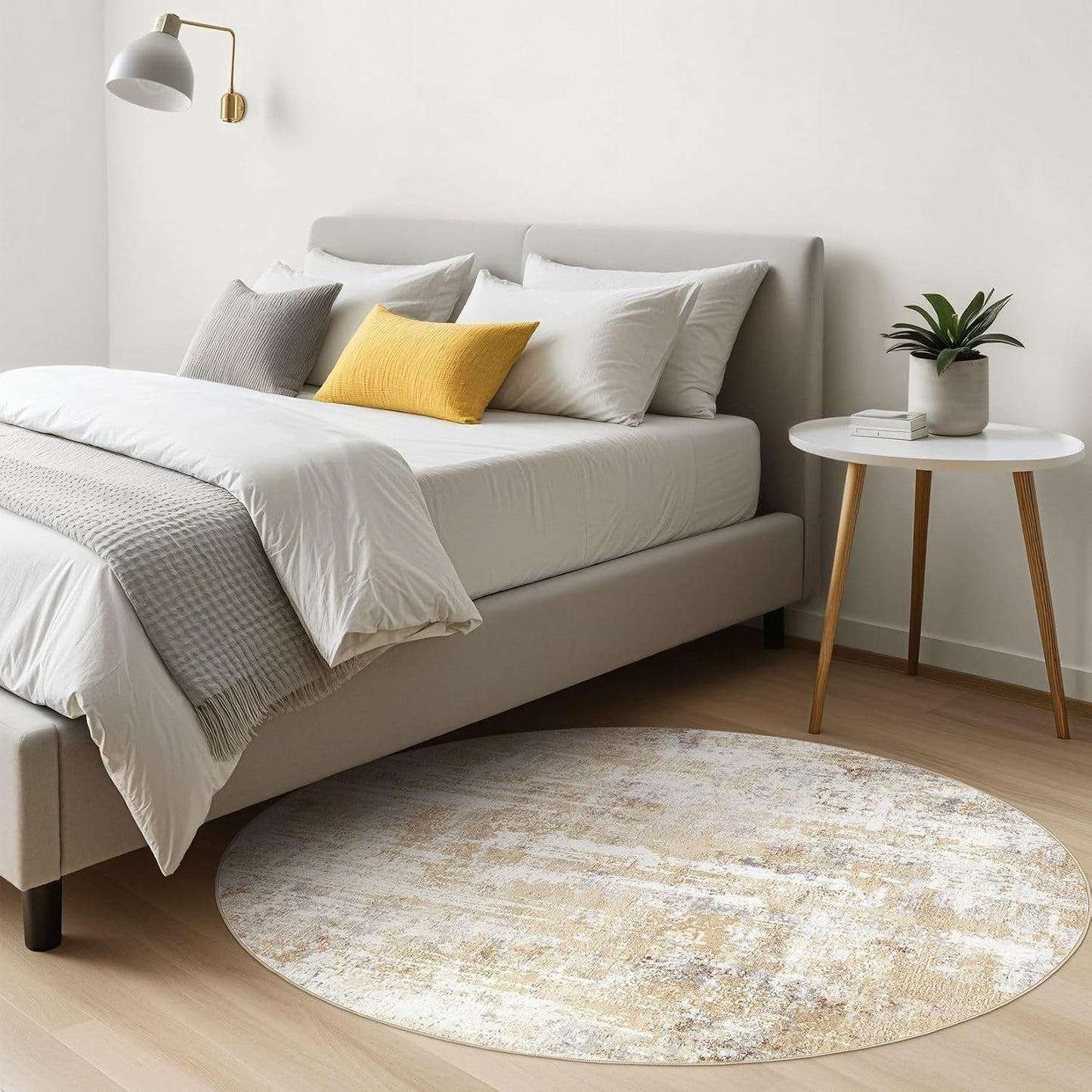 Round Rug Living Room Rugs: 5Ft Washable Circle Large Abstract Modern Soft Stain Resistant Non Slip Indoor Floor Carpet for Bedroom Nursery Office Dining Room Dorm Home House Decor- Gray Gold