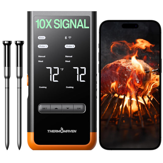 Wireless Bluetooth Smart Meat Thermometer: Standalone Base, Smart WiFi Thermometer with Sub-1G, 6 Sensors NIST Certified Accuracy, 2 Probes, for BBQ, Grill, Oven, Smoker, Rotisserie