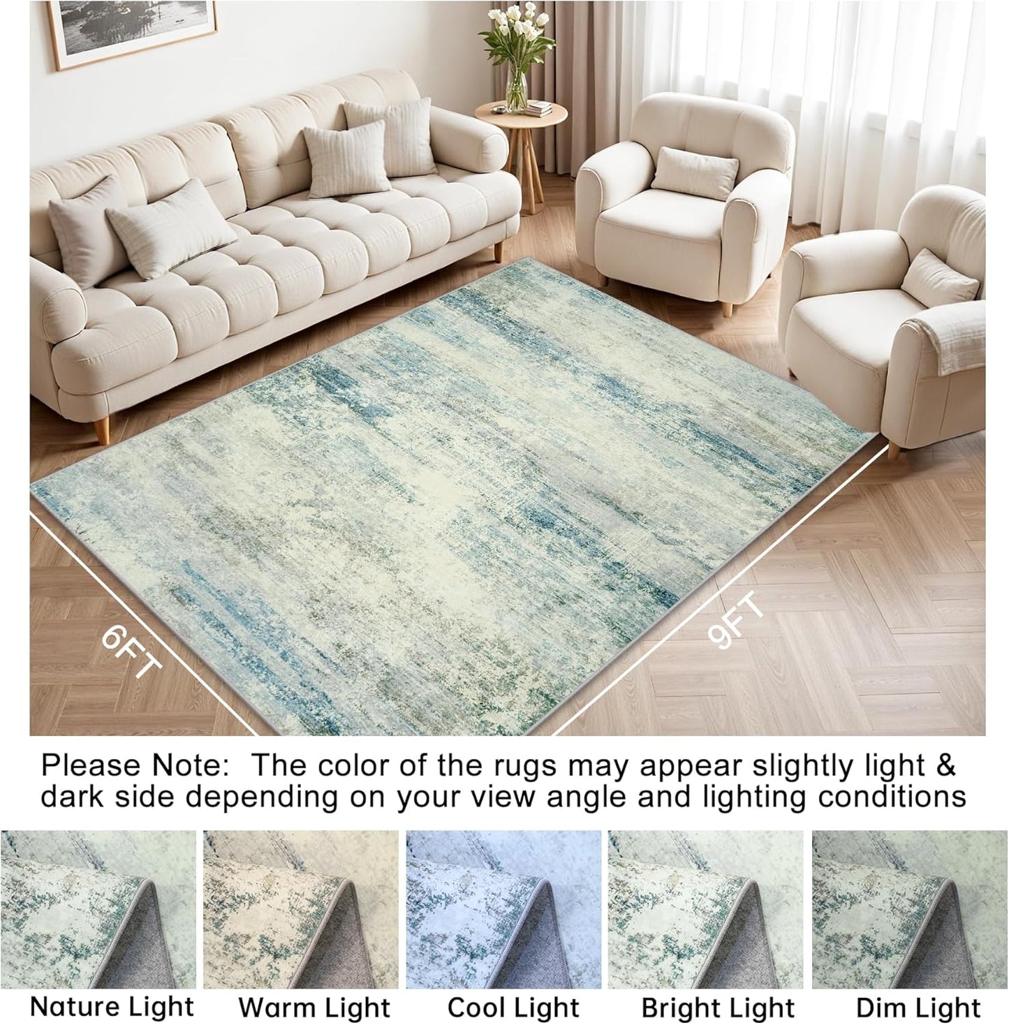 Washable Rug 6x9 Area Rugs, Abstract Large Living Room Rugs with Non-Slip Backing, Thin Carpet for Dorm Dining Room Table Nursery Indoor Home Office -Blue/Gray
