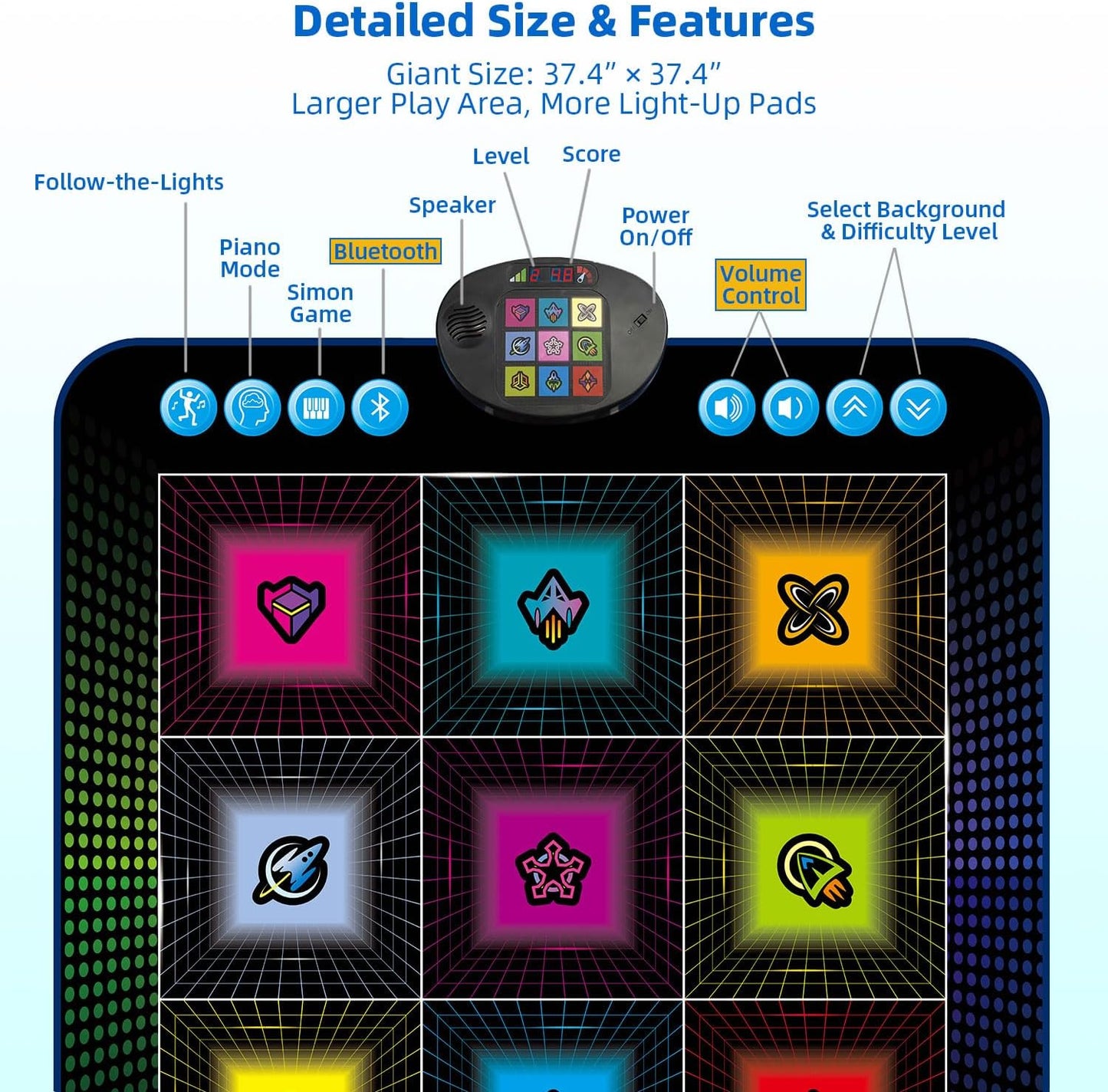 SUNLIN Light Up Dance Mat, Toy Gift for Girls Boys 3-10, Wireless Dance Pad w/ 9 Light-Up Buttons & Bluetooth, Music Pad w/ 4 Game Modes, Volume Control, Birthday Gifts for 3 4 5 6 7 8 Years Old Kids