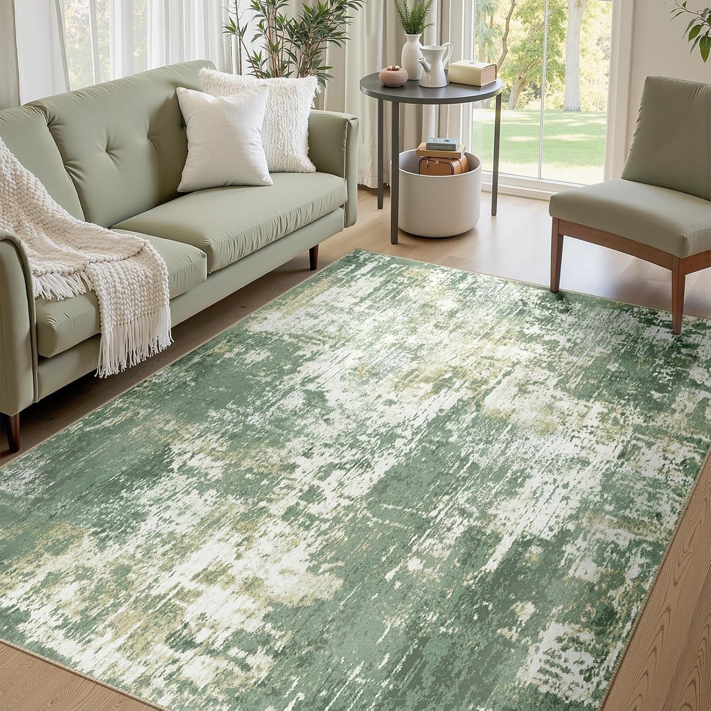 Washable Area Rugs 6'x9' Non-Slip Modern Abstract Soft for Living Room Entryway Bedroom Nursery, Print Pattern, Light Green/Yellow