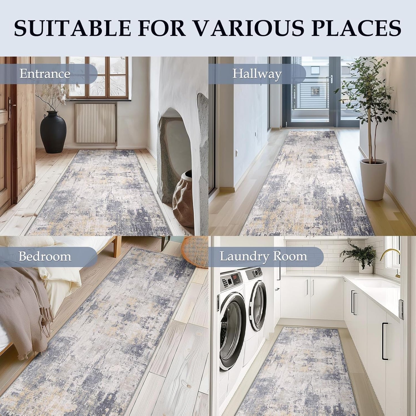 Washable Area Rugs 2'x10' Non-Slip Modern Abstract Soft for Living Room Entryway Bedroom Nursery, Print Pattern, Purple Grey Cream Yellow