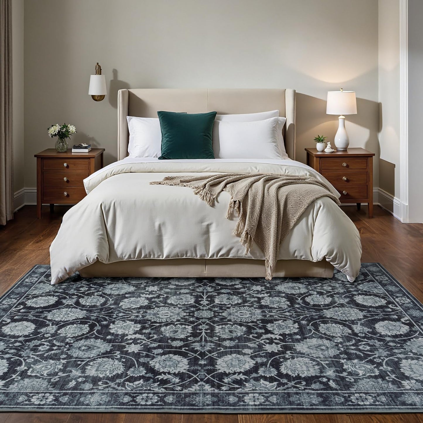 6x9 Area Rug for Living Room & Bedroom, Washable Non-Slip Vintage Distressed Rugs, Floral Soft Carpet, Low Pile Wool Carpets for Indoor Dining Home Office Playroom Under Table, Black