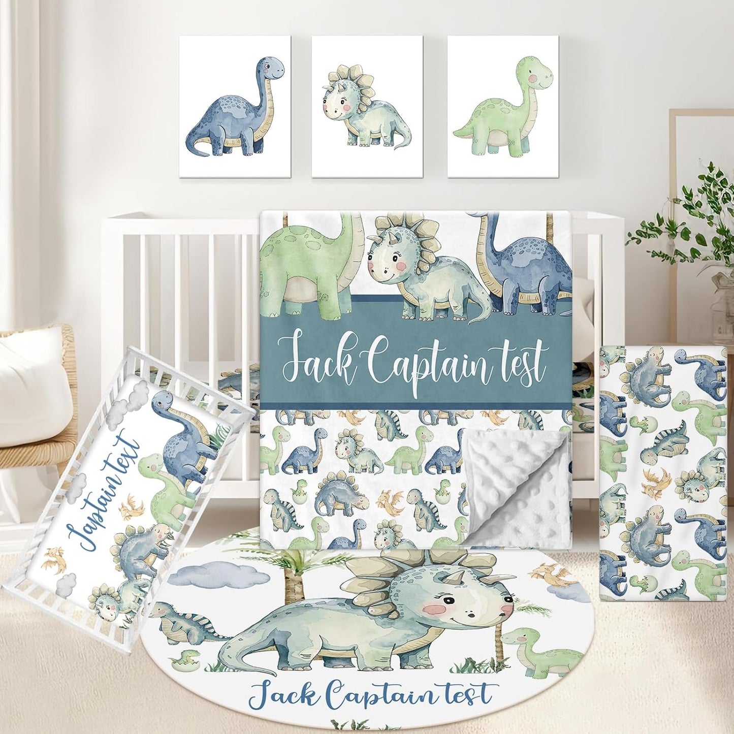 Custom Baby Crib Bedding Set, 5 Pcs Personalized Name Green Dino Baby Crib Set for Kid Infant Toddler, Double Layer Customized Present