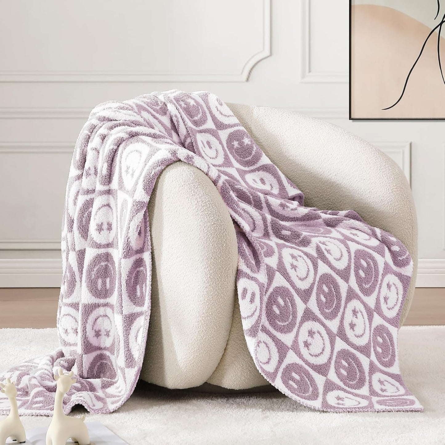 WRENSONGE Checkered Throw Blanket Lilac Smiling Face Soft Cozy Fluffy Warm Hand Made Throw Blankets for Couch, Sofa, Chair, Bed, Camping, Picnic, Travel Lightweight Bed Blanket - 50"*60"
