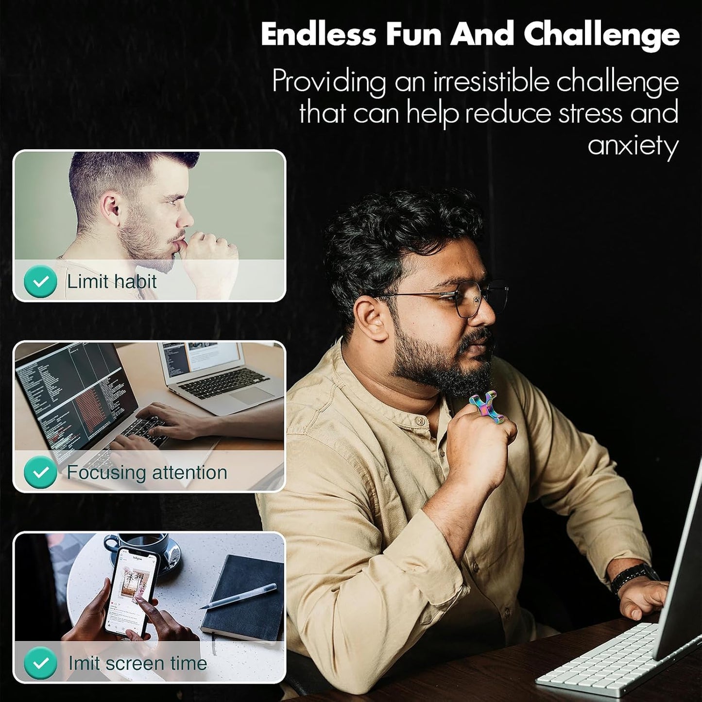 Fidget Toys Adults - Metal Finger Fidget Flipper 2Shapes - Quiet Unique Fidget Ring Stim Toys - Stocking Stuffer & Top Gadget Gift Idea (Rainbow)