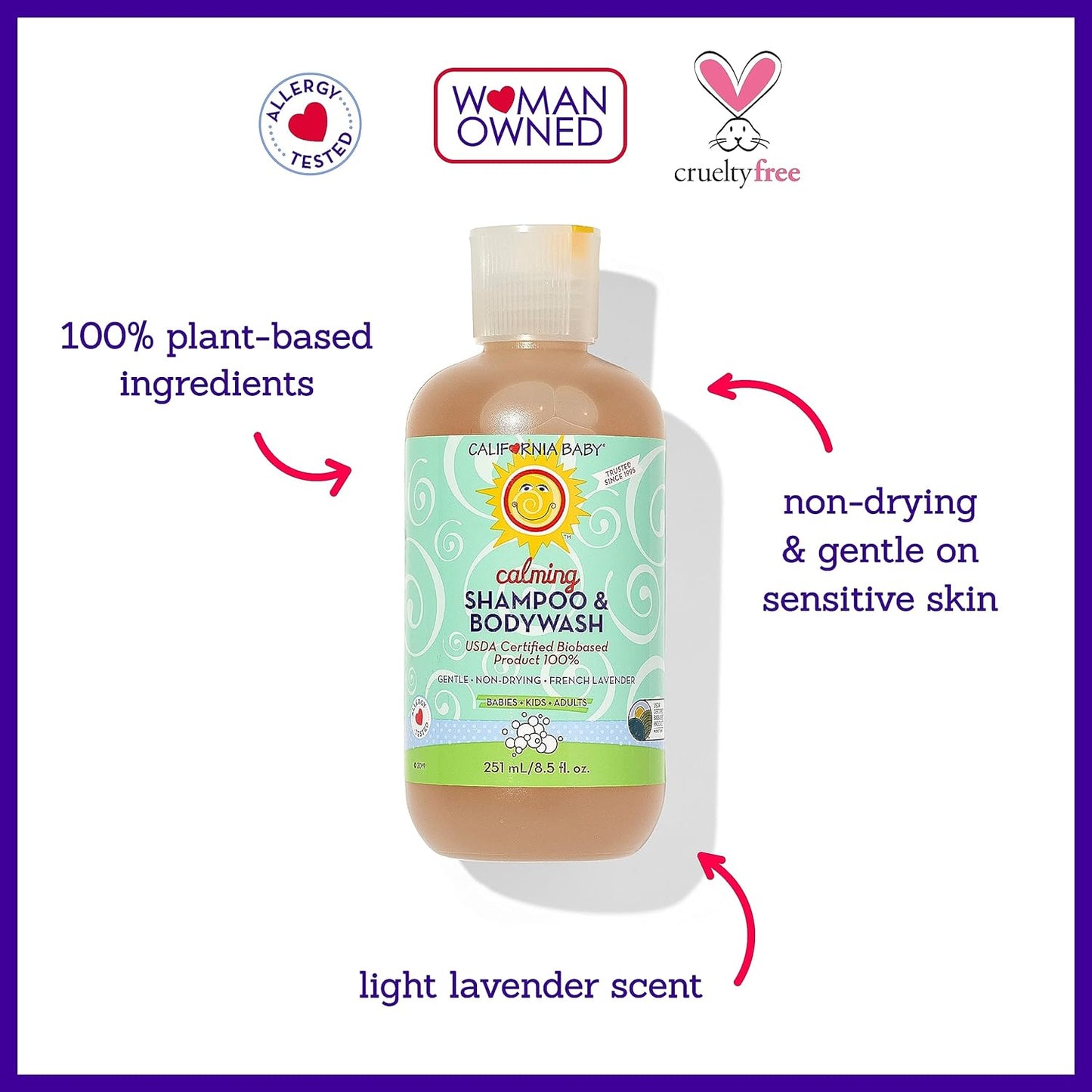 California Baby Calming Baby Shampoo + Baby Wash | 100% Plant-Based | Lavender Body Wash For Sensitive Skin | Hypoallergenic | 251 mL / 8.5 oz.