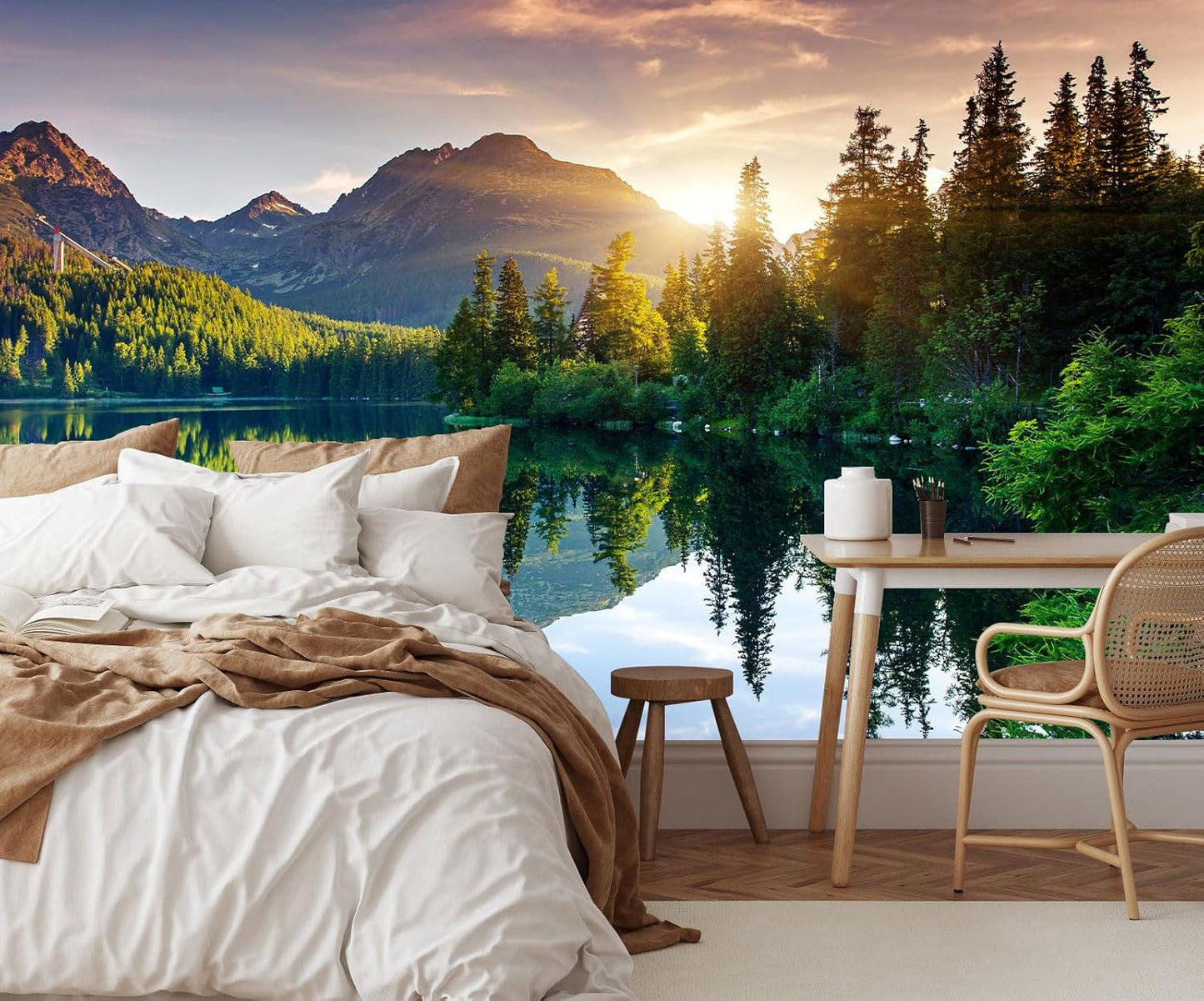 Natural Landscape Wallpaper Green Forest Lake Mountain Large Mural Wall Decor for Bedroom Living Room TV Background Home Decorations(Not Self-Adhesive)