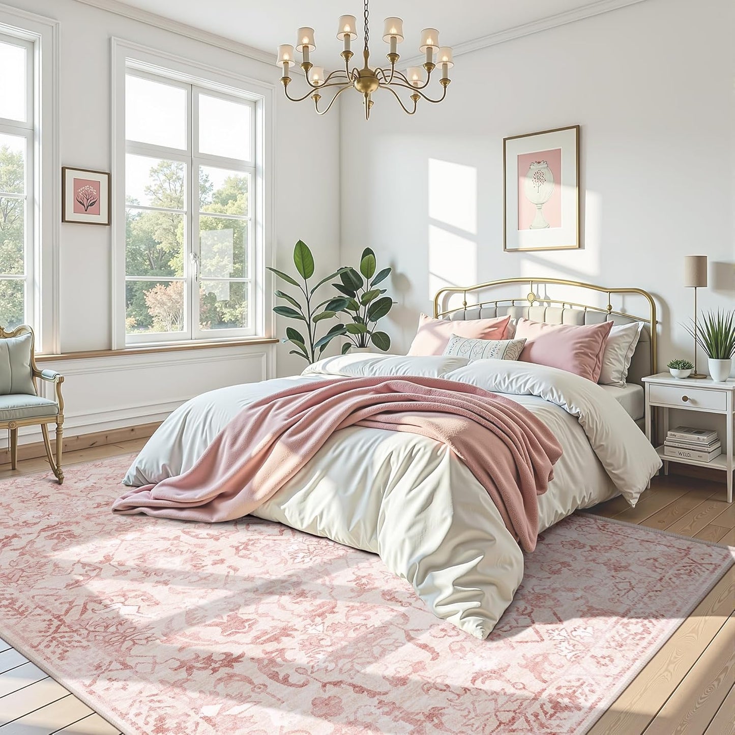 Deerly Pink Area Rugs 9x12 for Living Room Soft Non-Slip, Large Bedroom Rug Vintage Dining Room Rug Tribal Farmhouse Carpet for Dining Room Office Green