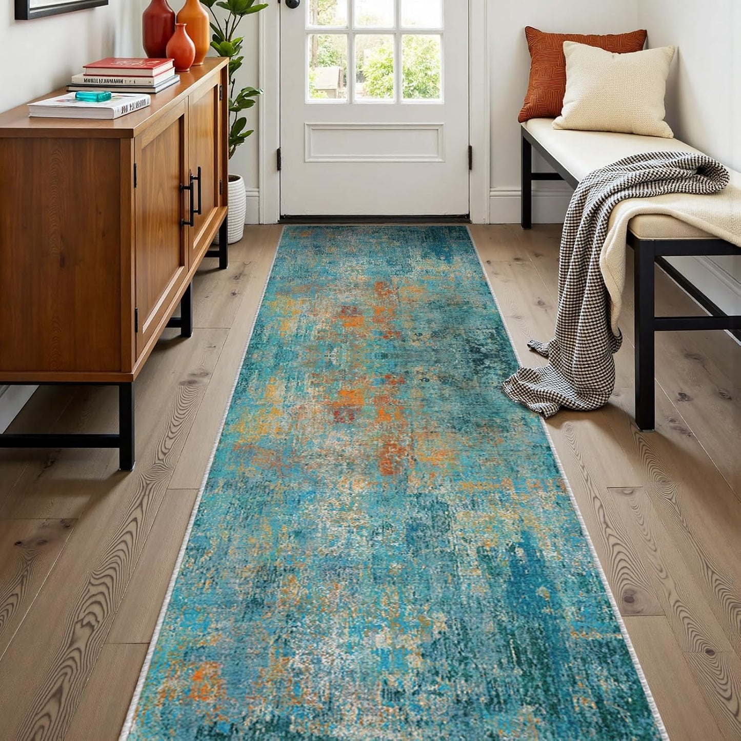 Washable Area Rugs 2'x8' Non-Slip Modern Abstract Soft for Living Room Entryway Bedroom Nursery, Print Pattern, Teal Blue Green Orange Rust Red Colorful