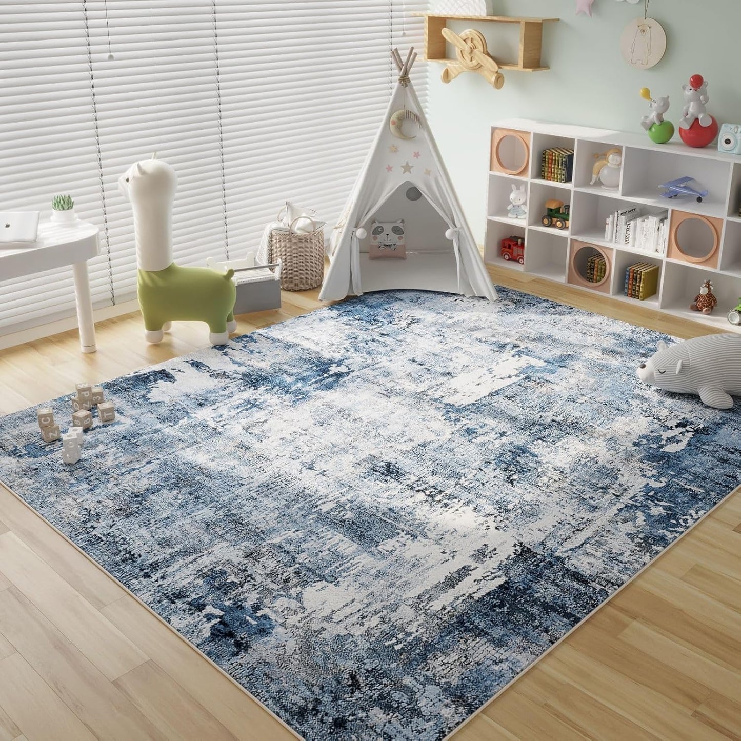 8x10 Rug Washable Boho Rug Soft Large Area Rug Non-Slip Non-Shedding Faux Wool Vintage Rug for Living Room, Farmhouse, Dining Room, Indoor, Kids Playroom, Blue