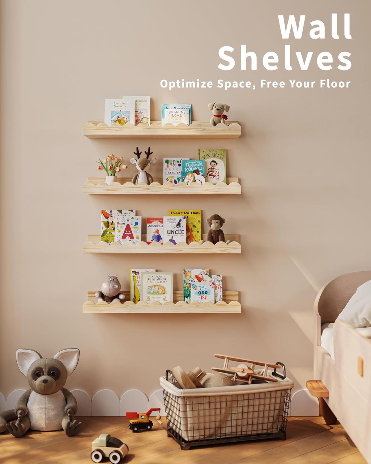Nursery Book Shelves, 4-Pack Wood Floating Shelves for Wall Kids, Scalloped Shelves, Wall Book Shelves for Bedroom Kids, Toddler Room, Baby Room, Nursery Decor(Wood, 16.5 Inches)