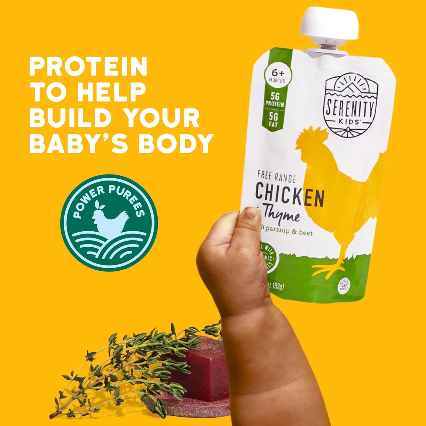 Serenity Kids 6+ Months Chicken Baby Food Pouches - BPA-Free Pouches - Free-Range Chicken & Organic Parsnip, Beet & Thyme - Protein-Rich & No Added Sugar - 3.5 Oz, 12 Pack