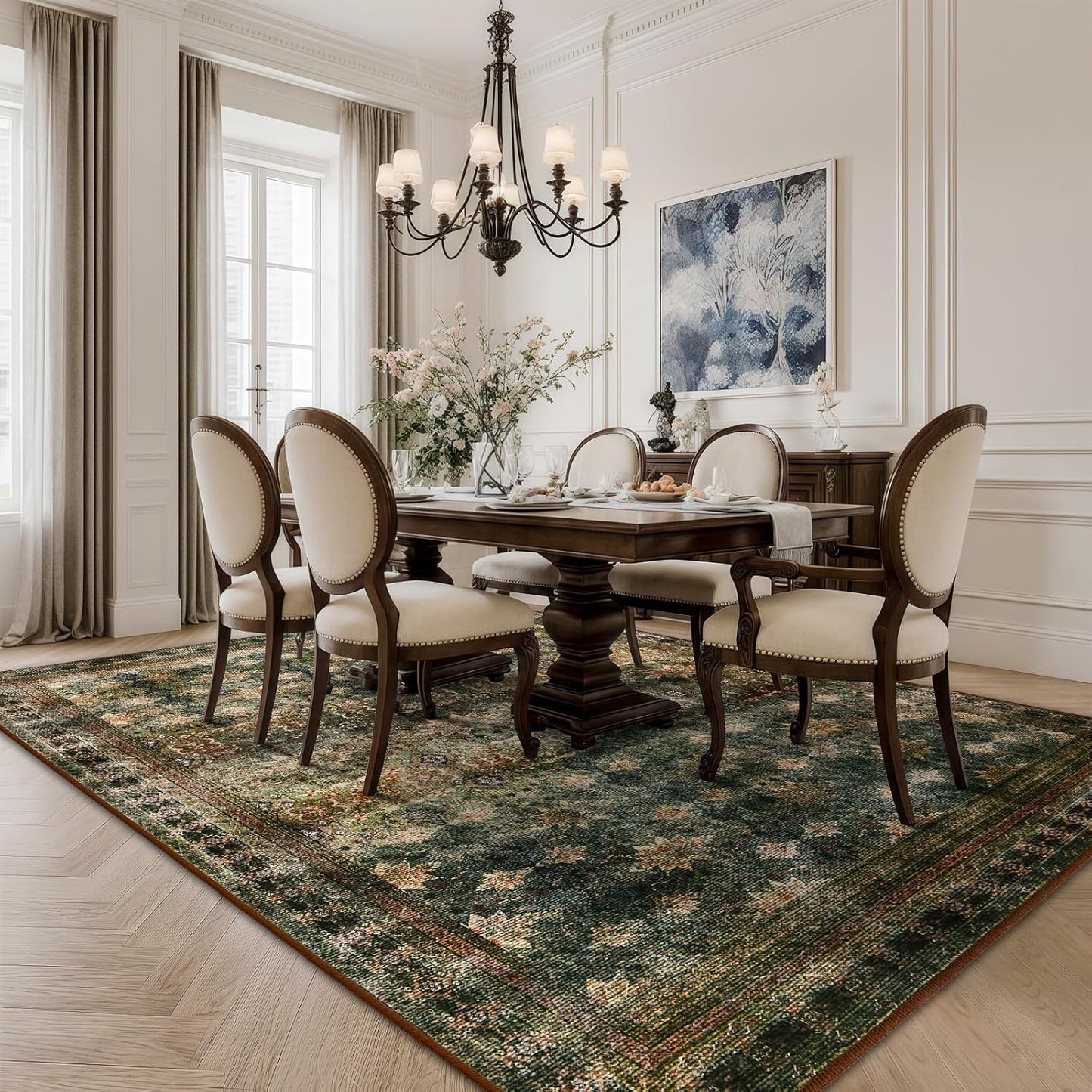 6x9 Washable Area Rug Non Slip, Thin Vintage Floral Living Room Rug Low Pile, Indoor Large Distressed Print Carpet for Bedroom, Dining Room, Farmhouse, Home Office, Dorm(Dark Green/Brown/Multi)