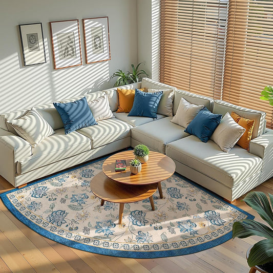 jinchan Floral Corner Rug for Kitchen Washable Nursery Rug Vintage Romance Design Non Slip Quarter Circle Lightweight Low-Pile Throw Carpet for Playroom Reading Nook Office, 5ft Radius, Blue/Beige