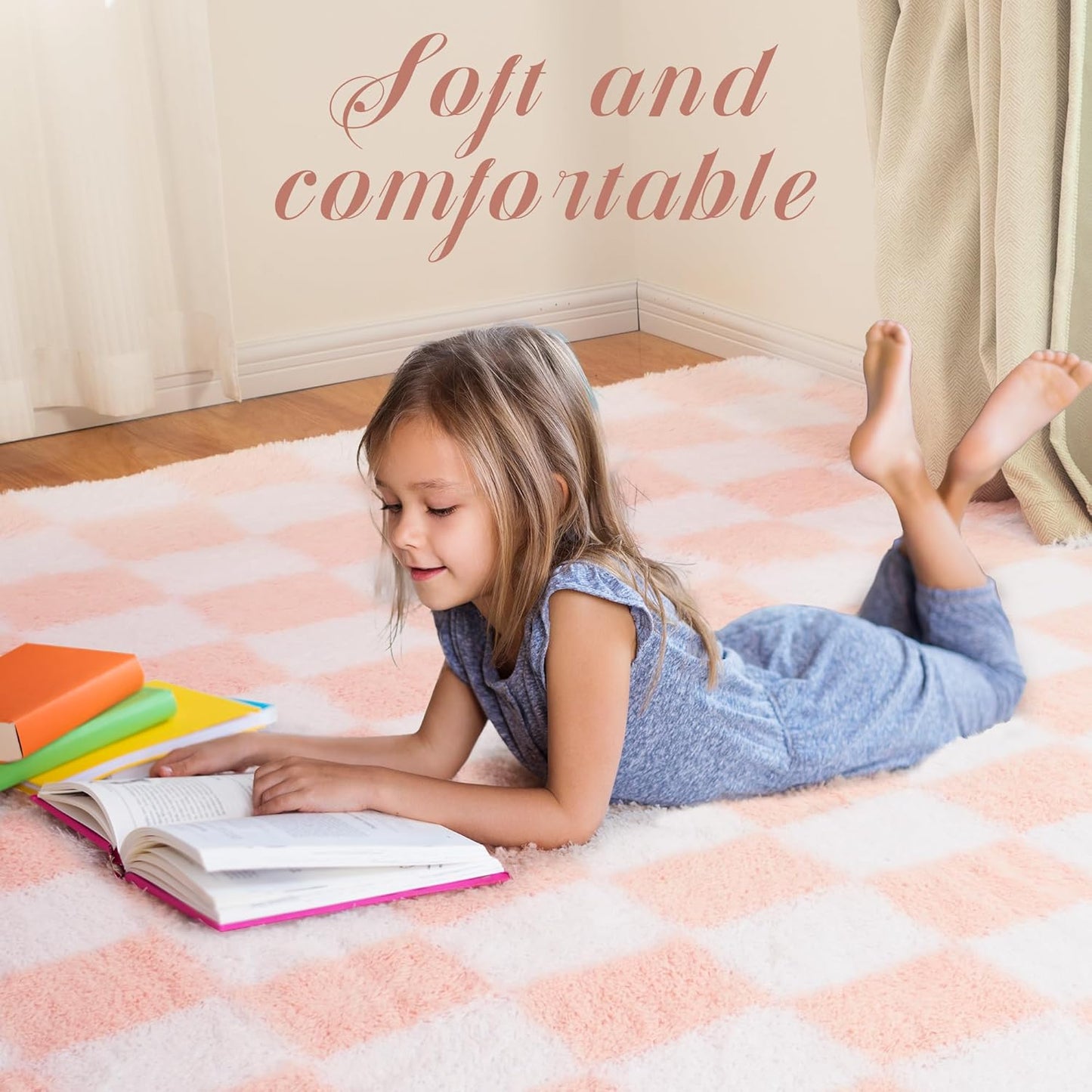 Super Soft Rug for Bedroom, 8x10 Ft Pink and White Area Rug Classic Checkered Shaggy Anti-Skid High Pile Soft Fluffy Rug Fuzzy Carpet for Living Room Bedroom Kids Room Nursery, Dorm Home Decor