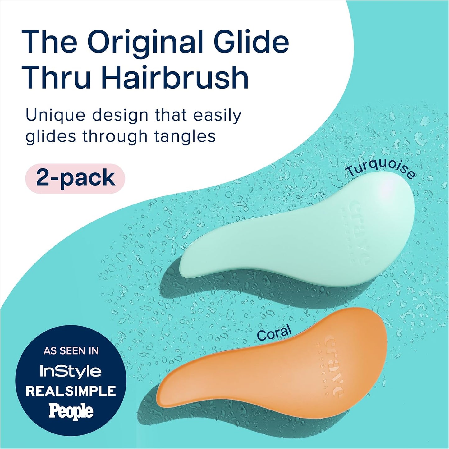 Crave Naturals Glide Thru Hair Brush - 2 Pack Detangler Brush for Curly, Straight, Wet or Dry Hair - Gentle Detangling Brushes for Adults, Kids, Toddlers, 7.5"x3" - Coral and Turquoise