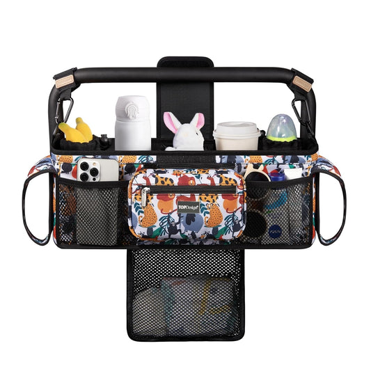 TOPDesign Universal Baby Stroller Organizer, Double Stroller Caddy with Detachable Mesh Bag & Heightened Insulated Cup Holders & Non-Slip Secure Hooks Accessories, Fits Most Strollers (Zoo)