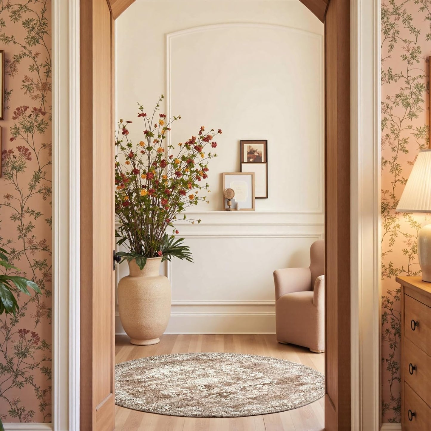 jinchan Round Rug 5ft Area Rug - Brown Vintage Floor Mat Kitchen Indoor - Washable Circle 5' Thin Floral Print Carpet Retro Farmhouse Non Slip Dining Room Living Room Bedroom Office